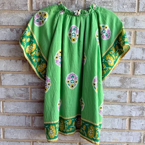 UMGEE Short Sleeve Ruffled Tie Neck Colorful Boho Blouse Women's Size S - Picture 2 of 7